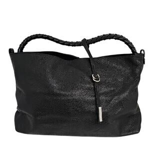 Nicoli Genuine Pebbled Leather Chic Black Shoulder Bag Braided Handle 15" x 9"